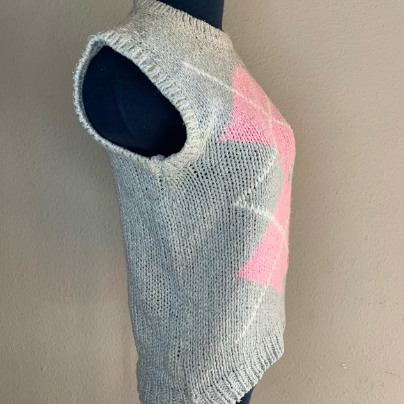 Silk blend Sweater Vest Vintage 1980s Argyle Pink Green Tan Crewneck Style - Picture 6 of 8